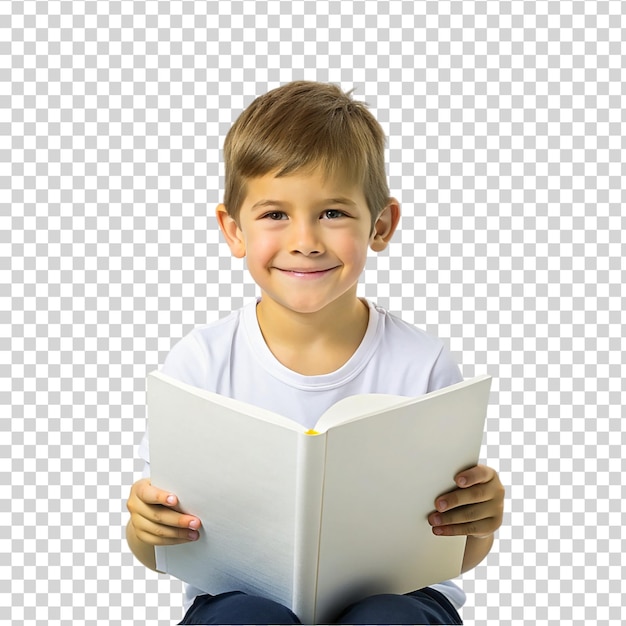 A young boy reading a book with a smiley face on transparent background