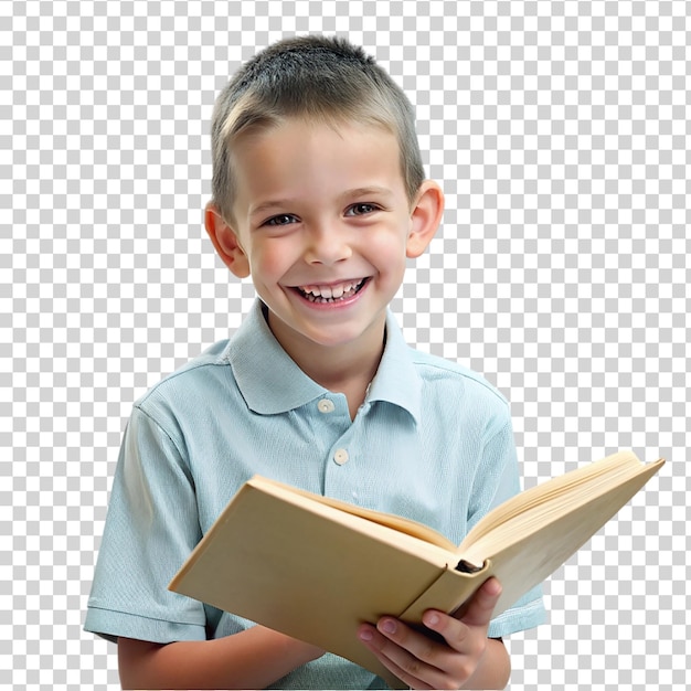 A young boy reading a book with a smiley face on transparent background