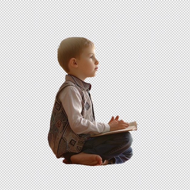 PSD a young boy sits in a lotus position with a book in his hands