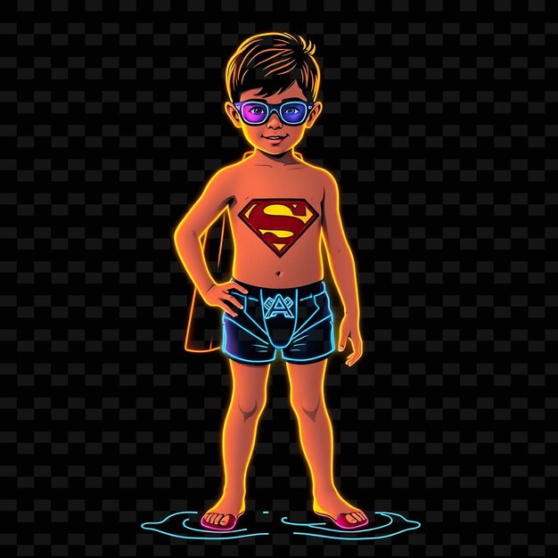 PSD young boy in swim trunks neon superhero art design with primary co illustration neon characterl