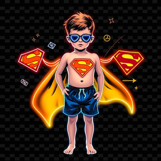 PSD young boy in swim trunks neon superhero art design with primary co illustration neon characterl