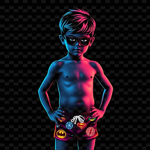 PSD young boy in swim trunks neon superhero art design with primary co illustration neon characterl