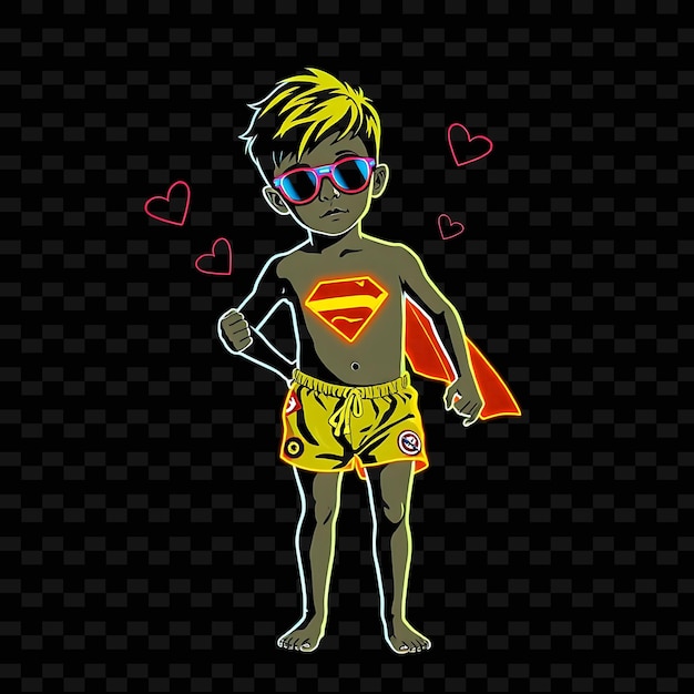 PSD young boy in swim trunks neon superhero art design with primary co illustration neon characterl