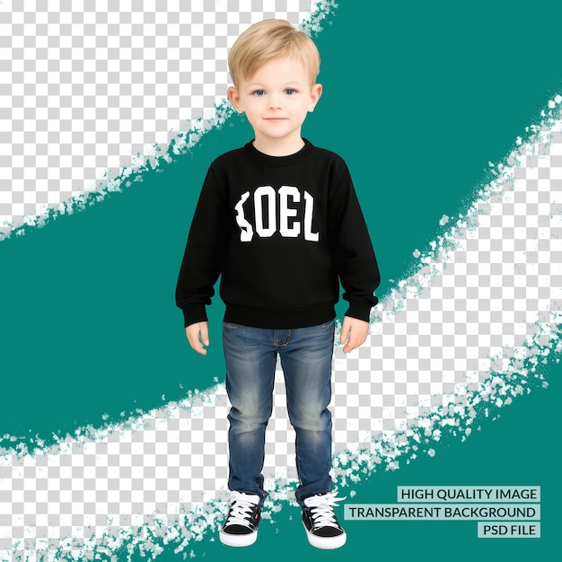 PSD a young boy wearing a black sweater with the word  hes  on it