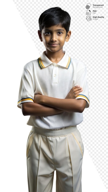 PSD young boy wearing white cricket uniform posing with arms crossed