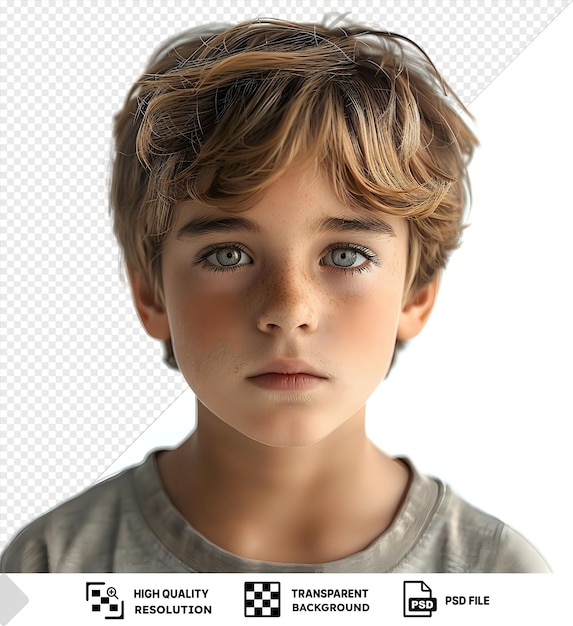 PSD a young boy with blonde hair and blue eyes stares directly at the camera against a transparent background