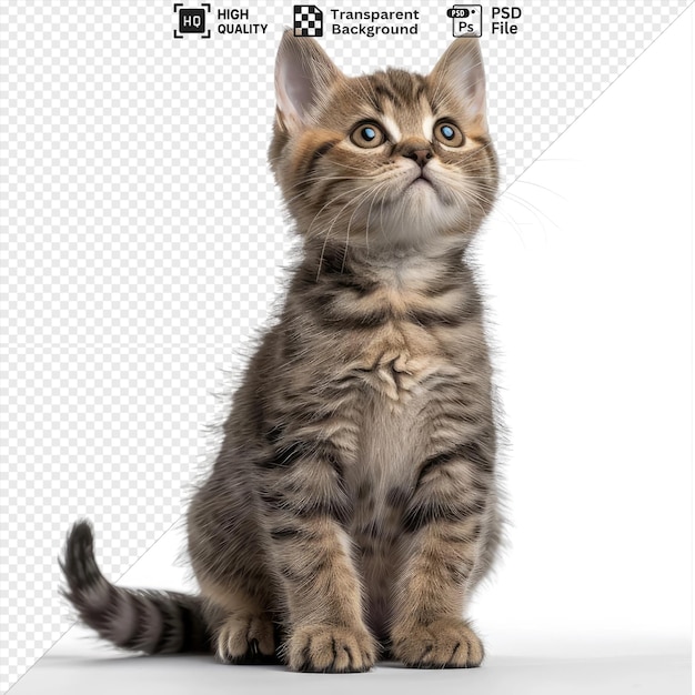 young british shorthair cat isolated on transparent background featuring pointy ears blue and green eyes a brown nose and a black tail