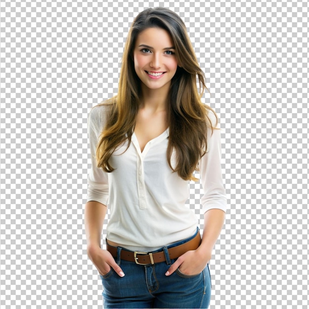 young brunette woman wearing casual clothes on transparent background