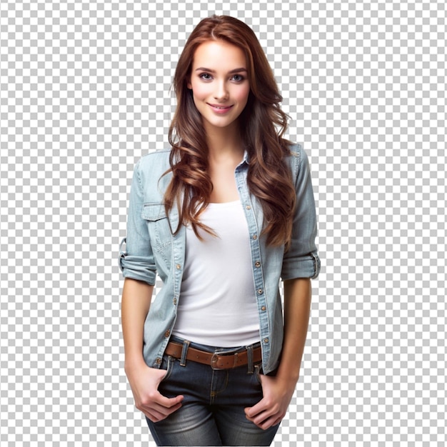 young brunette woman wearing casual clothes on transparent background