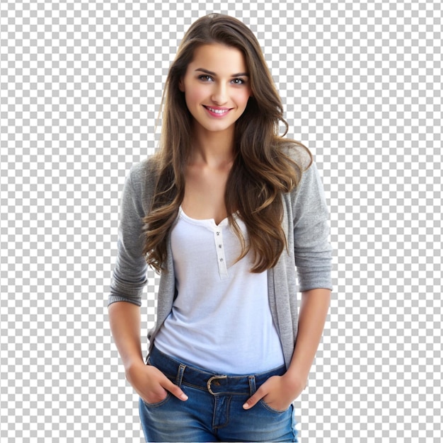 young brunette woman wearing casual clothes on transparent background