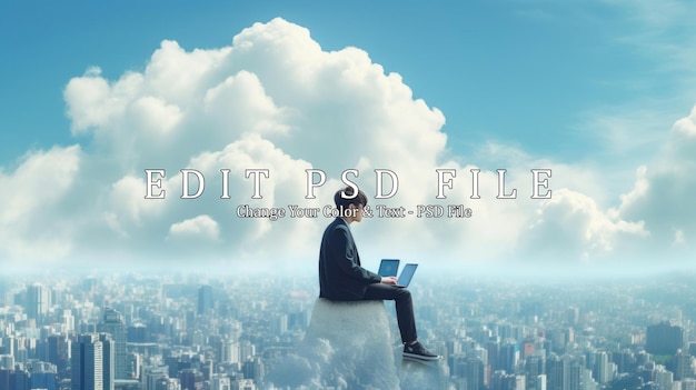 Young business man using laptop and look to blue sky and cloud with cityscape