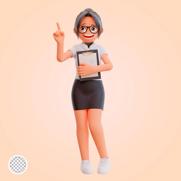 Young businesswoman pointing up 3d cartoon illustration