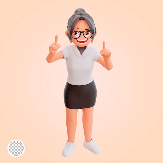 Young businesswoman pointing up 3d cartoon illustration