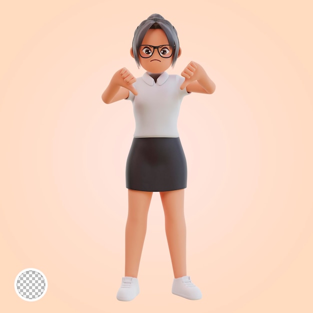 Young businesswoman showing thumbs down to express dislike disappointed 3d cartoon illustration