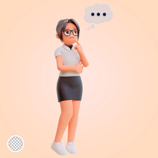 Young businesswoman thinking about something 3d cartoon illustration