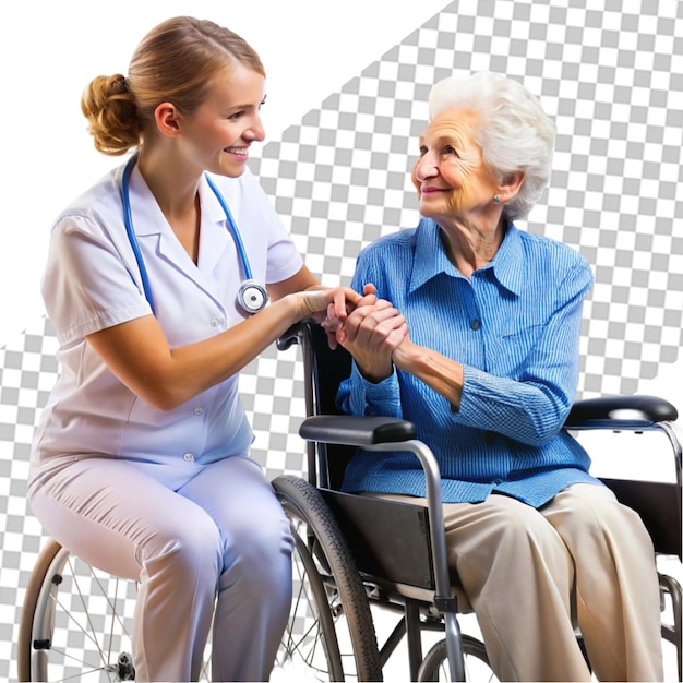 PSD young caregiver assisting senior man in wheelchair on transparent background