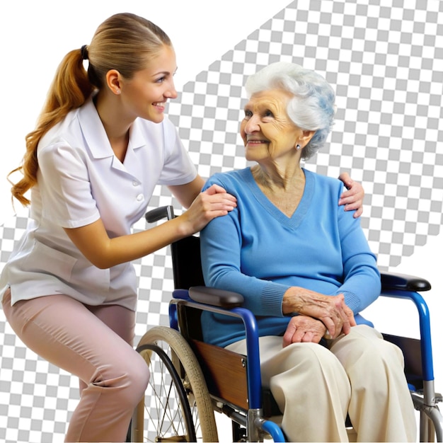 PSD young caregiver assisting senior man in wheelchair on transparent background