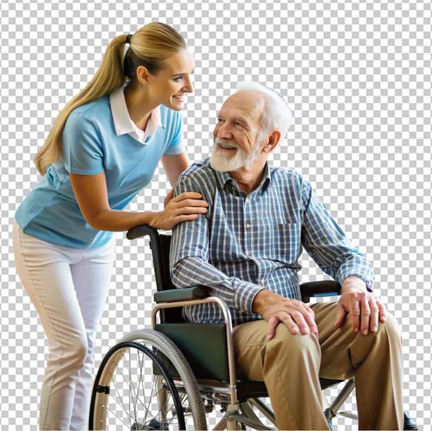 PSD young caregiver assisting senior man in wheelchair on transparent background