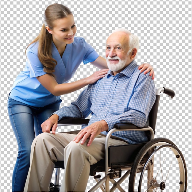 PSD young caregiver assisting senior man in wheelchair on transparent background