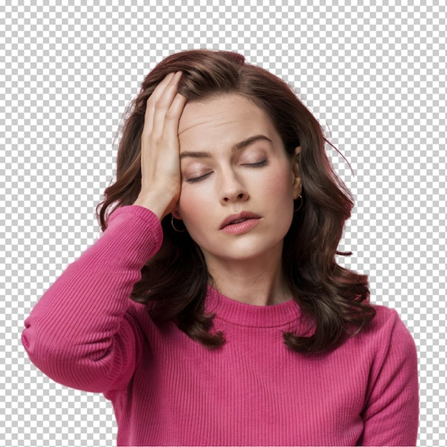 PSD young caucasian woman on pink tired and very sleepy keeping hand on head isolated on transparent