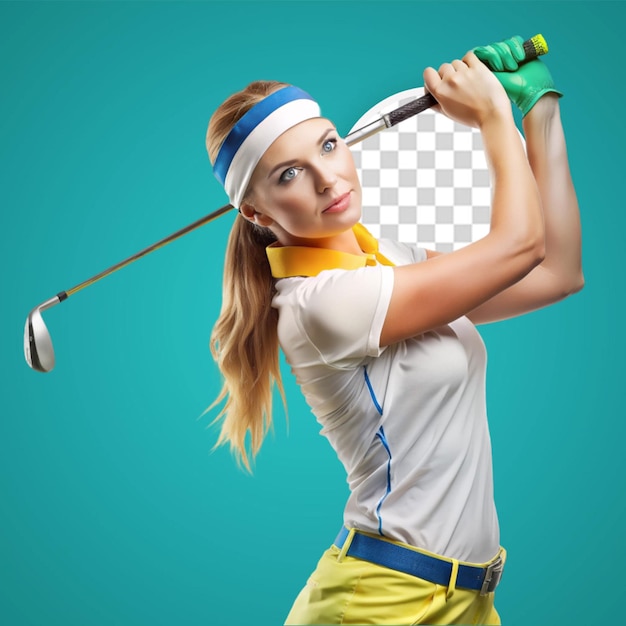 PSD young caucasian woman playing golf isolated on white background smiling and showing victory sign