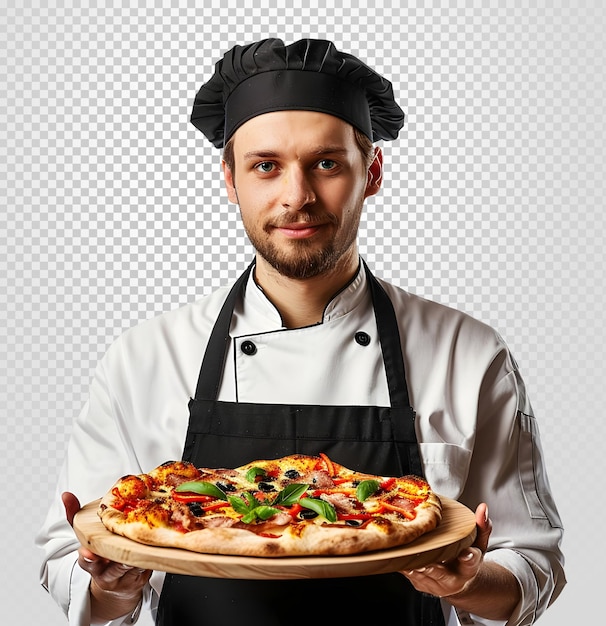 young Chef holds fresh pizza in his hands isolated on transparent background