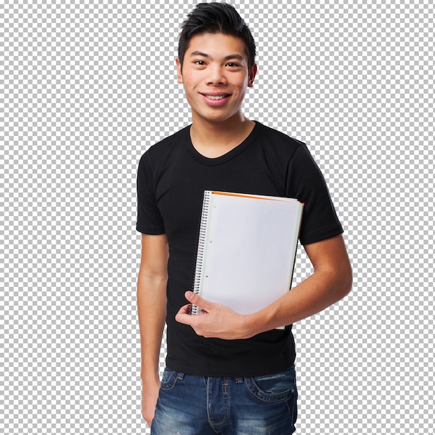 Young chinese man holding his notebook