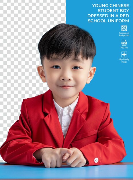 PSD young chinese student boy dressed in a red school uniform isolated on transparent background psd