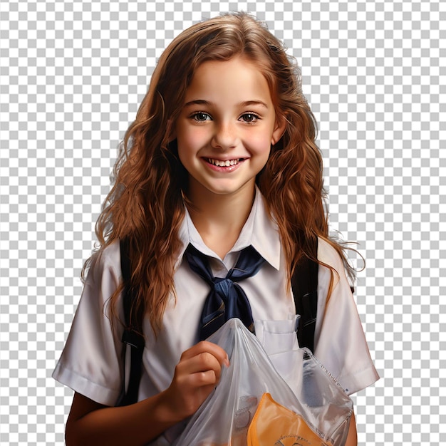 PSD young college girl wearing bag and holding books over white background