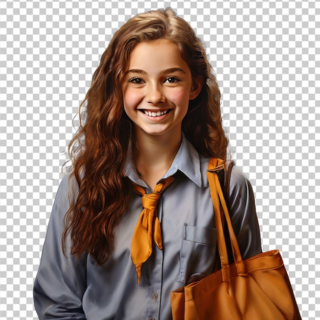 PSD young college girl wearing bag and holding books over white background