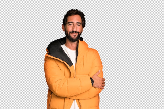 PSD young crazy bearded and expressive man cold and winter concept and wearing an anorak