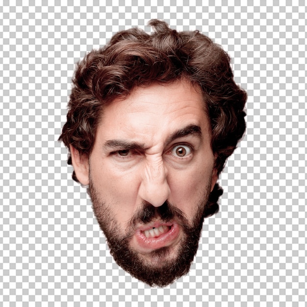 Young crazy bearded man cutout head expression isolated.. angry expression