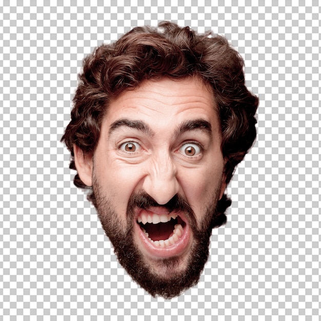 PSD young crazy bearded man cutout head expression isolated.. angry expression