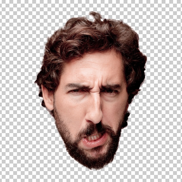 Young crazy bearded man cutout head expression isolated.. angry expression