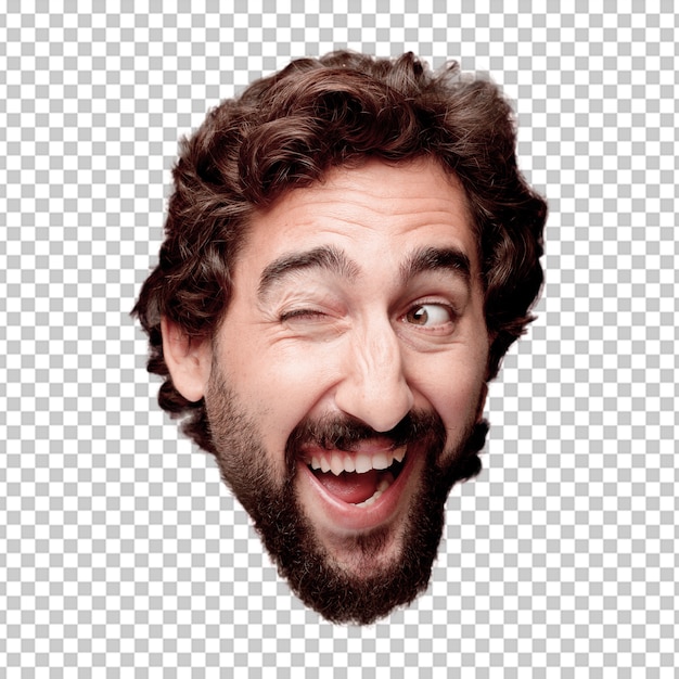 PSD young crazy bearded man cutout head expression isolated.. happy pose