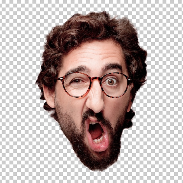 Young crazy bearded man cutout head expression isolated. hipster role with view glasses