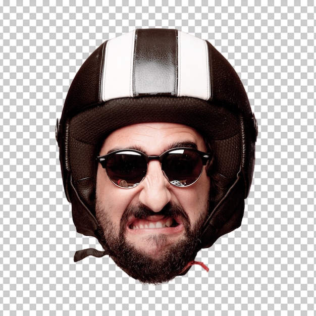 Young crazy bearded man cutout head expression isolated. motorbike rider role. angry expression