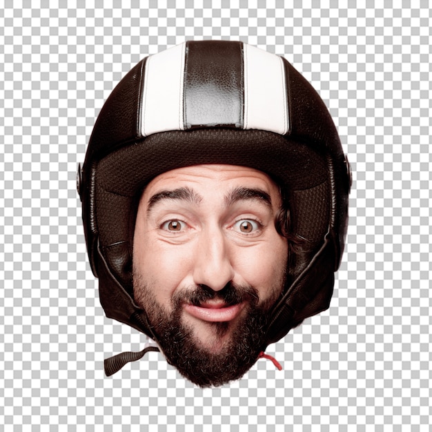 Young crazy bearded man cutout head expression isolated. motorbike rider role. joking concept