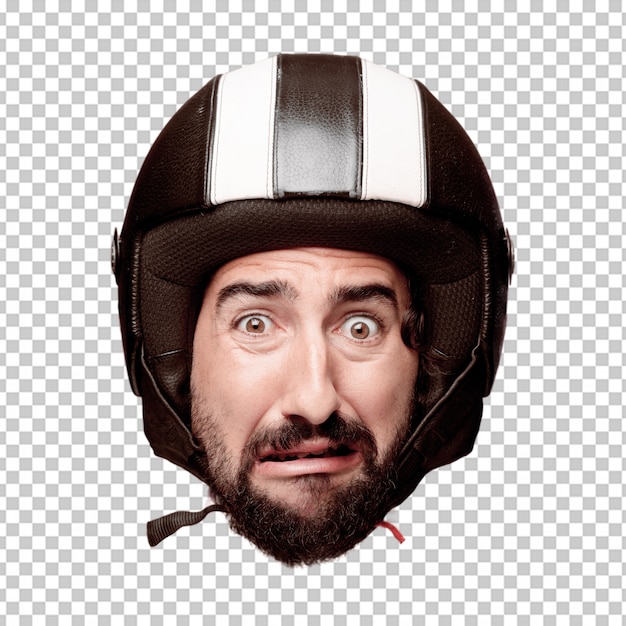 PSD young crazy bearded man cutout head expression isolated. motorbike rider role. scared concept