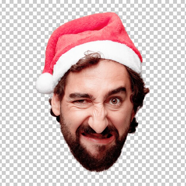 Young crazy bearded man cutout head expression isolated. santa claus role. angry expression