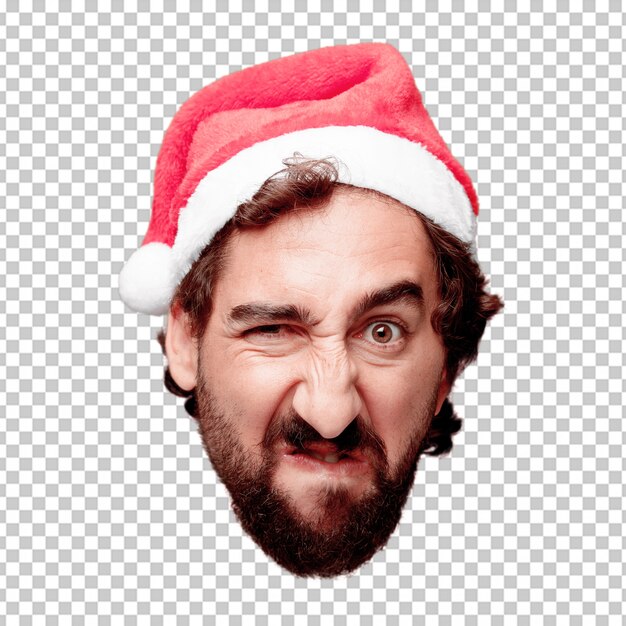 Young crazy bearded man cutout head expression isolated. santa claus role. angry expression