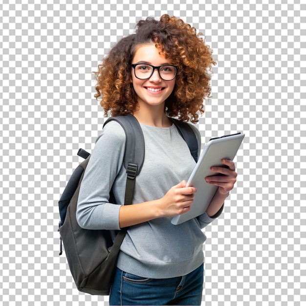 young curly student woman wearing backpack glasses