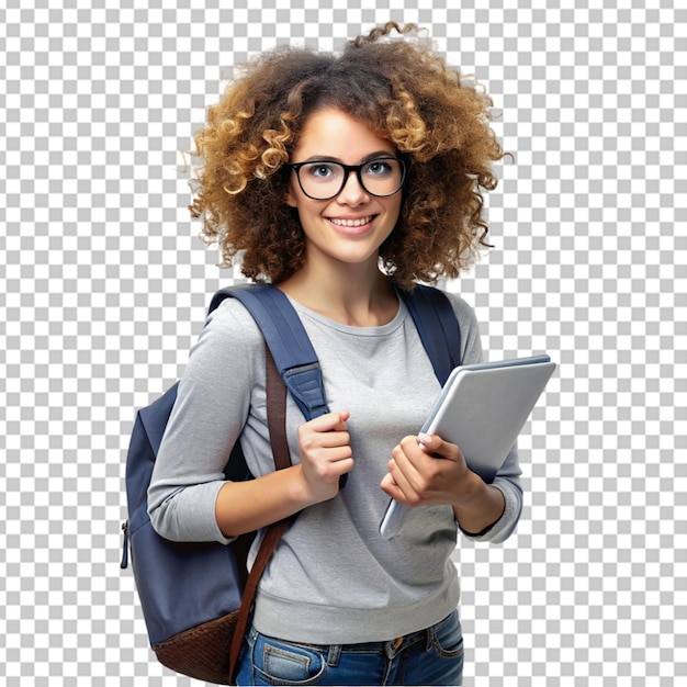 young curly student woman wearing backpack glasses