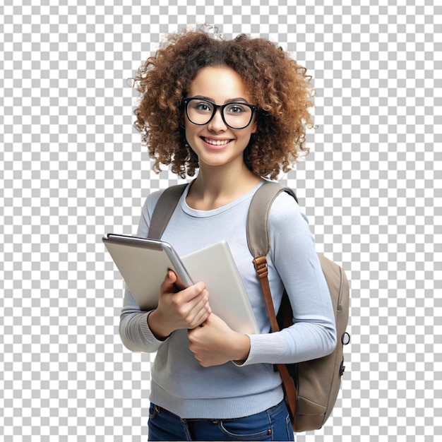 young curly student woman wearing backpack glasses