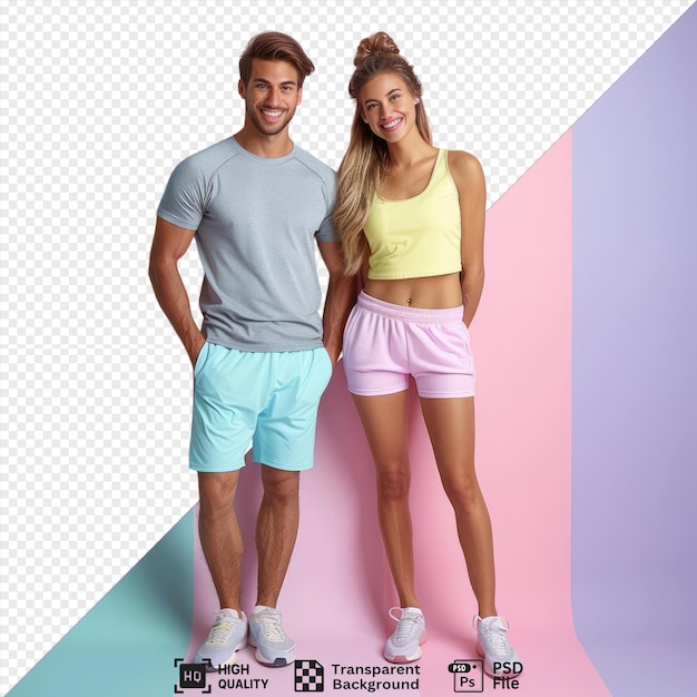 young cute couple in sportswear looking joyful in front of a blue and pink wall with the man wearing a gray shirt and blue shorts and the woman with long blond hair png