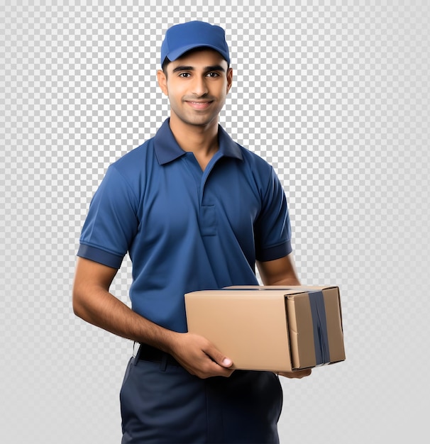 Young delivery boy in dark blue dress holding parcel in hands isolated on white background