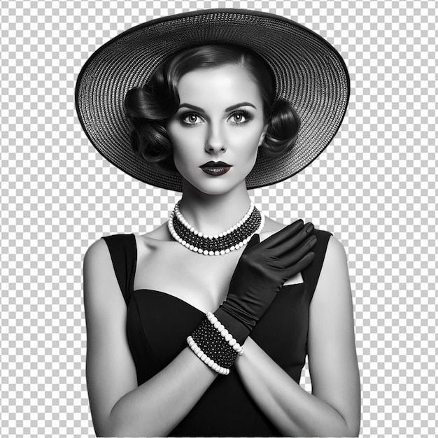 PSD young elegant woman retro fashion hat gloves png