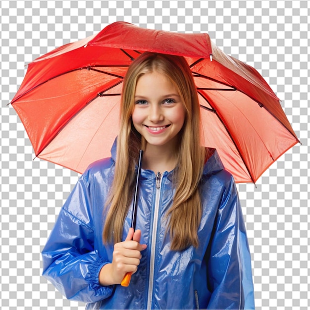 PSD young english woman with rainproof coat and umbrella isolated on white background with surprise facial expression