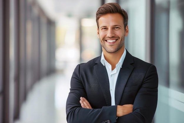 A young entrepreneur smiles standing with crossed arms in the office