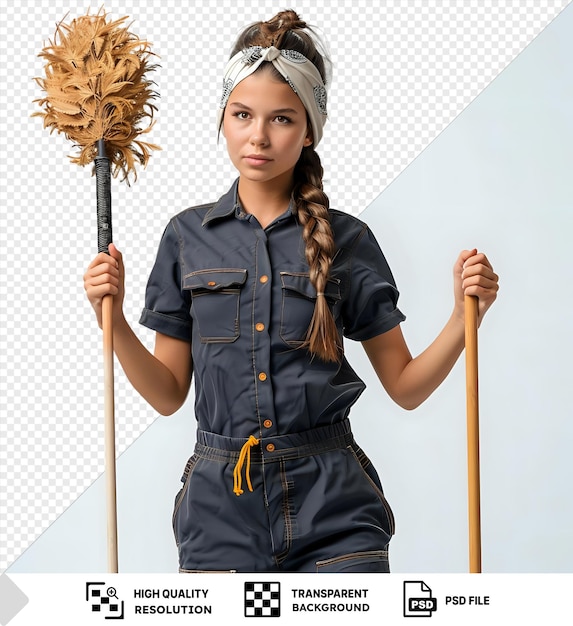 PSD young female cleaner in uniform and bandana with duster impressed and looking directly at the camera